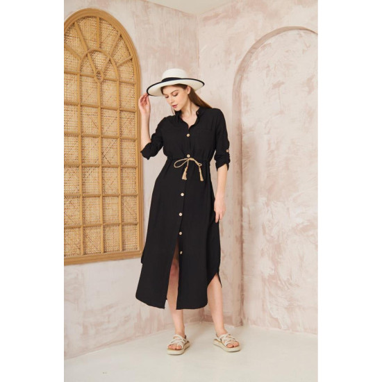 Pasaklı Giyim Kadın Hasır Kemerli Gömlek Elbise Siyah
