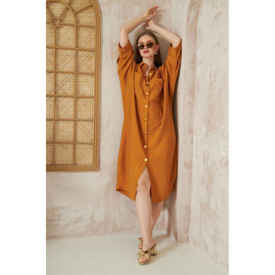 Pasaklı Giyim Kadın Oversize Yarasa Kol Tesettüre Uygun Gömlek Elbise-Tesettür Tunik Hardal