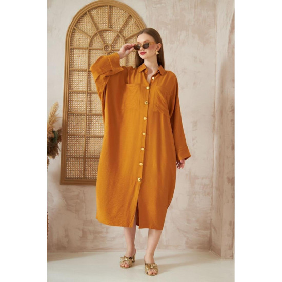 Pasaklı Giyim Kadın Oversize Yarasa Kol Tesettüre Uygun Gömlek Elbise-Tesettür Tunik Hardal