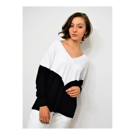 Pasaklı Giyim Kadın V Yaka Bluz Siyah Beyaz