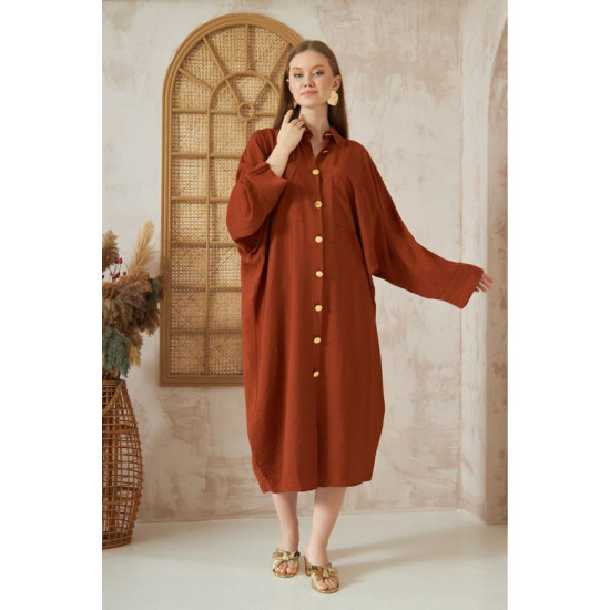 Pasaklı Giyim Kadın Oversize Yarasa Kol Tesettüre Uygun Gömlek Elbise-Tesettür Tunik Kiremit