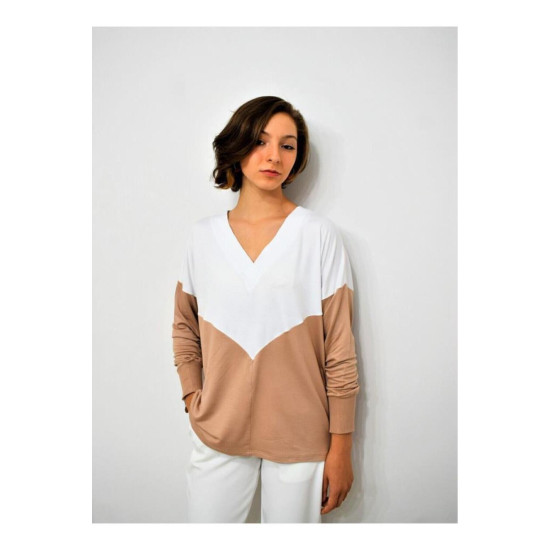 Pasaklı Giyim Kadın V Yaka Bluz Bej Beyaz
