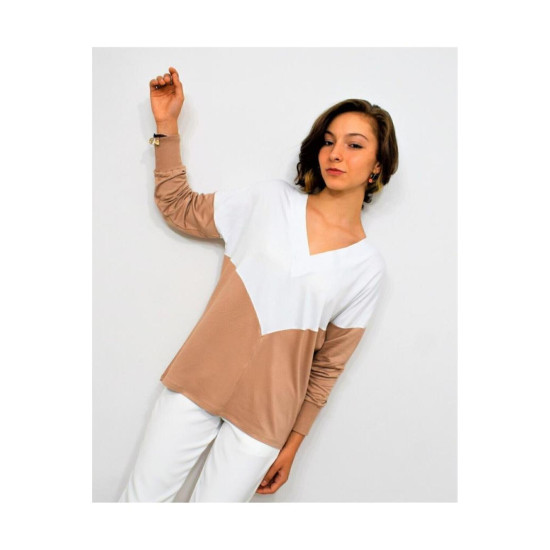 Pasaklı Giyim Kadın V Yaka Bluz Bej Beyaz