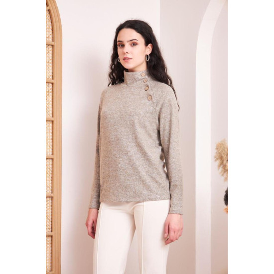 Pasaklı Giyim Kadın Balıkçı Yaka Düğmeli Yumoş Yün Kazak Pudra