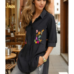 Pasaklı Giyim Kadın Premium Keten Harf Nakış Işlemeli Yanları Düğme Arkası Oval Gömlek Siyah 6111410
