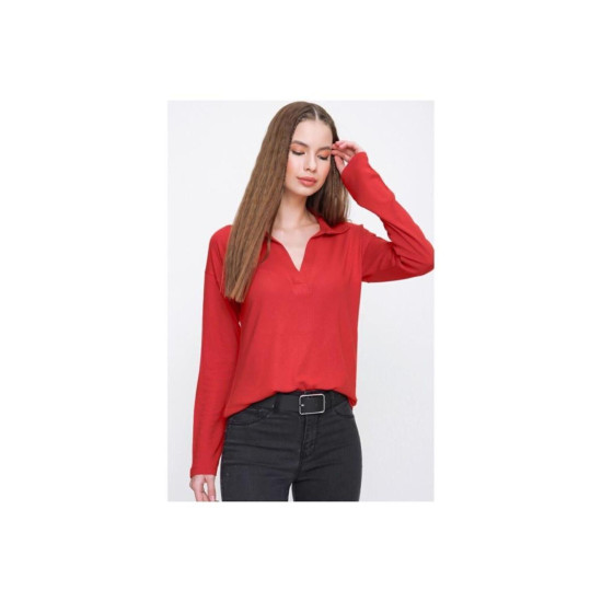 Pasaklı Giyim Kadın Polo Yaka Keten Bluz Kırmızı
