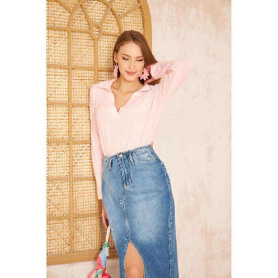 Pasaklı Giyim Kadın Polo Yaka Keten Bluz Pudra