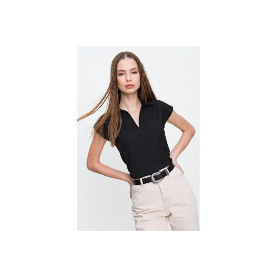 Pasaklı Giyim Kadın Kaşkorse Viskon Polo Yaka T-shirt Siyah