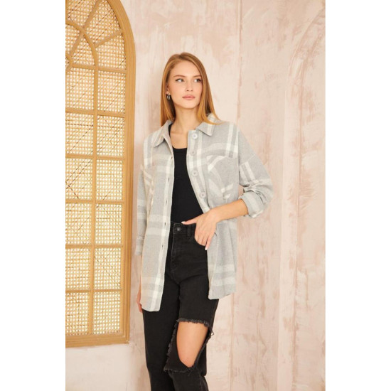 Pasaklı Giyim Kadın Kaşe Ekose Oduncu Gömlek Açık Gri