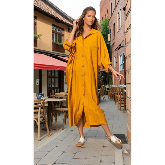 Pasaklı Giyim Kadın Oversize Yarasa Kol Tesettüre Uygun Gömlek Elbise-Tesettür Tunik Hardal