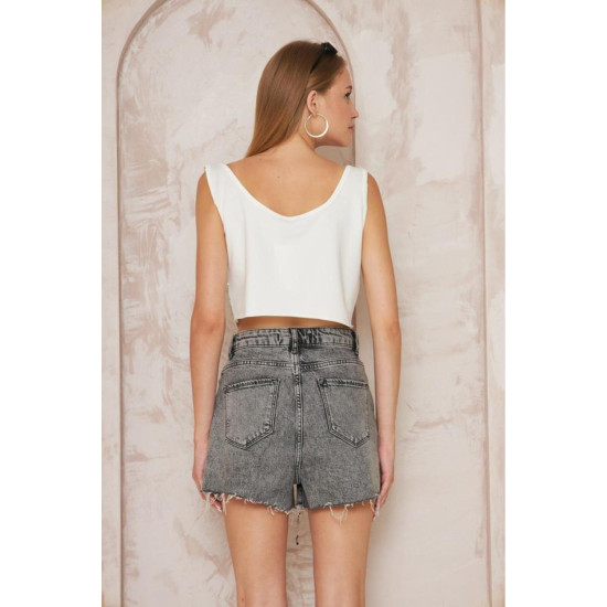 Pasaklı Giyim Kadın Pullu Payet Crop Bluz Ekru