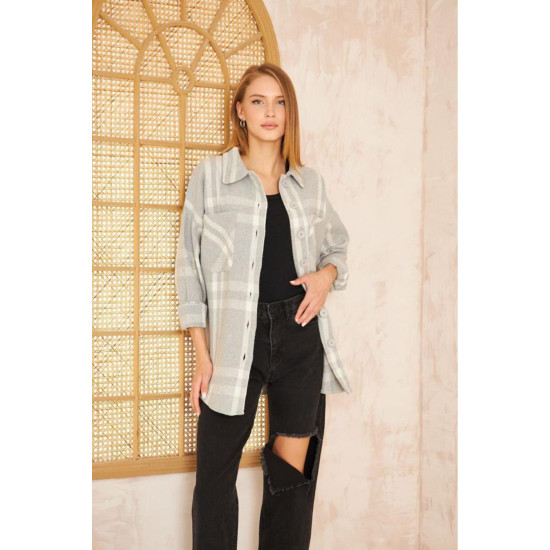Pasaklı Giyim Kadın Kaşe Ekose Oduncu Gömlek Açık Gri