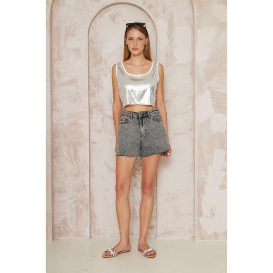 Pasaklı Giyim Kadın Pullu Payet Crop Bluz Ekru