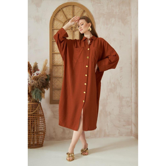 Pasaklı Giyim Kadın Oversize Yarasa Kol Tesettüre Uygun Gömlek Elbise-Tesettür Tunik Kiremit