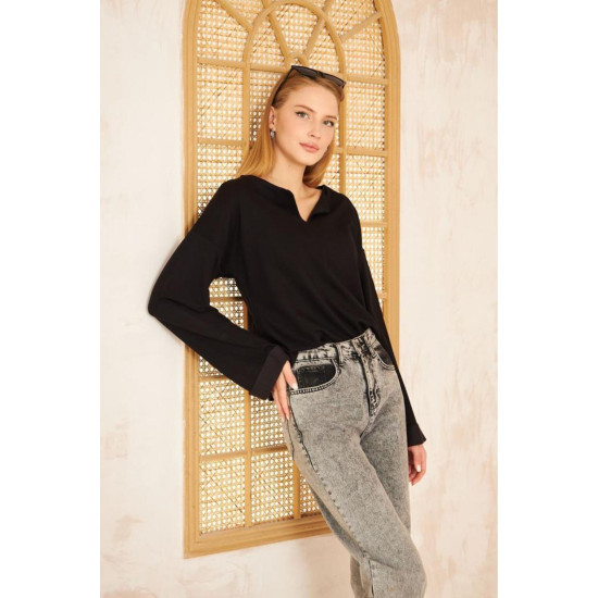 Pasaklı Giyim Kadın Duble Kol / Yakası Yırtmaçlı Salaş Sweatshirt Siyah
