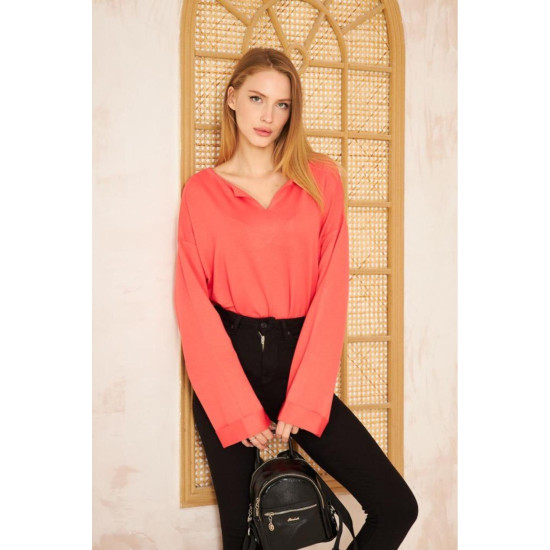 Pasaklı Giyim Kadın Duble Kol / Yakası Yırtmaçlı Salaş Sweatshirt Mercan