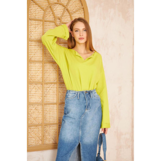 Pasaklı Giyim Kadın Duble Kol / Yakası Yırtmaçlı Salaş Sweatshirt Yağ Yeşili