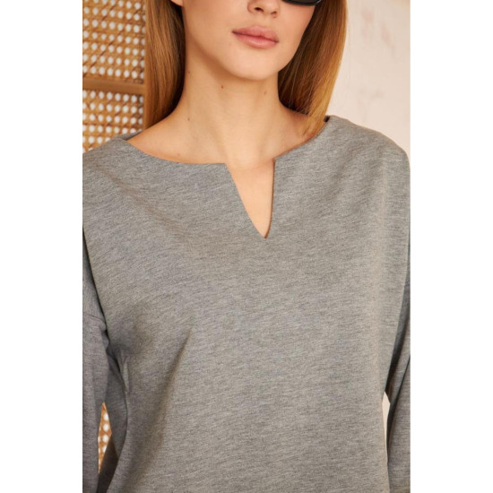 Pasaklı Giyim Kadın Duble Kol / Yakası Yırtmaçlı Salaş Sweatshirt Gri