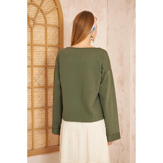 Pasaklı Giyim Kadın Duble Kol / Yakası Yırtmaçlı Salaş Sweatshirt Haki