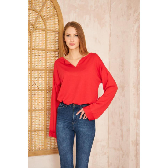 Pasaklı Giyim Kadın Duble Kol / Yakası Yırtmaçlı Salaş Sweatshirt Kırmızı