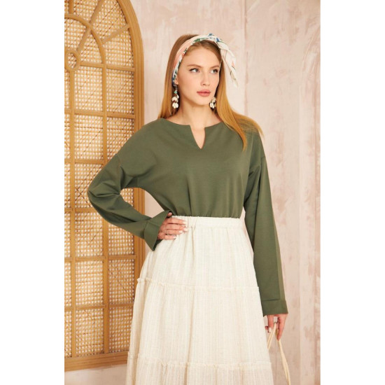 Pasaklı Giyim Kadın Duble Kol / Yakası Yırtmaçlı Salaş Sweatshirt Haki