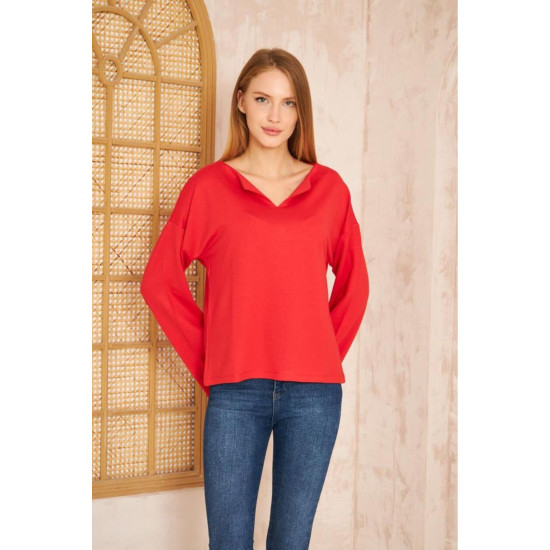 Pasaklı Giyim Kadın Duble Kol / Yakası Yırtmaçlı Salaş Sweatshirt Kırmızı