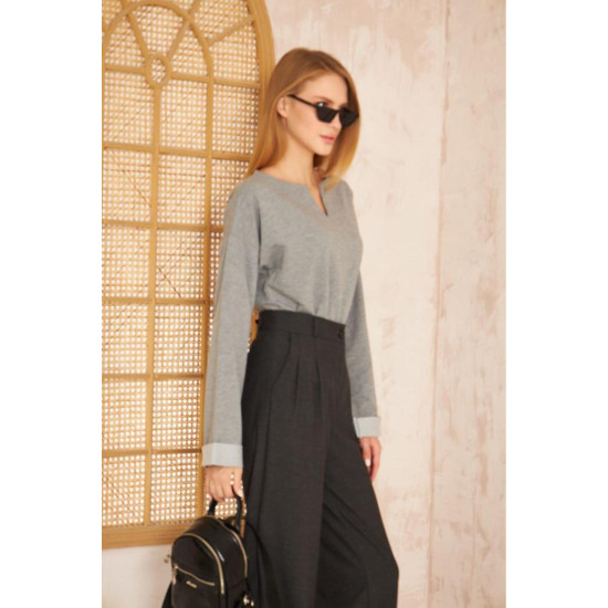 Pasaklı Giyim Kadın Duble Kol / Yakası Yırtmaçlı Salaş Sweatshirt Gri