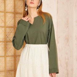 Pasaklı Giyim Kadın Duble Kol / Yakası Yırtmaçlı Salaş Sweatshirt 3470190 Haki