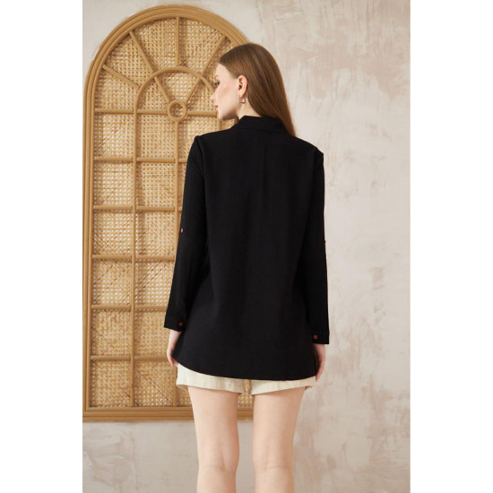 Pasaklı Giyim Kadın Premium Keten Harf Nakış Işlemeli Yanları Düğme Arkası Oval Gömlek Siyah