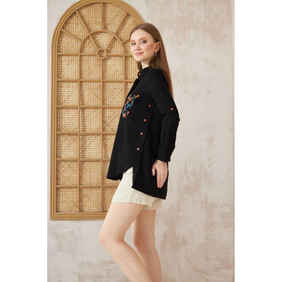 Pasaklı Giyim Kadın Premium Keten Harf Nakış Işlemeli Yanları Düğme Arkası Oval Gömlek Siyah