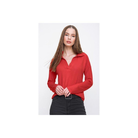 Pasaklı Giyim Kadın Polo Yaka Keten Bluz Kırmızı