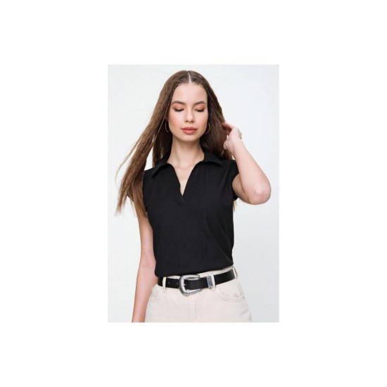 Pasaklı Giyim Kadın Kaşkorse Viskon Polo Yaka T-shirt Siyah