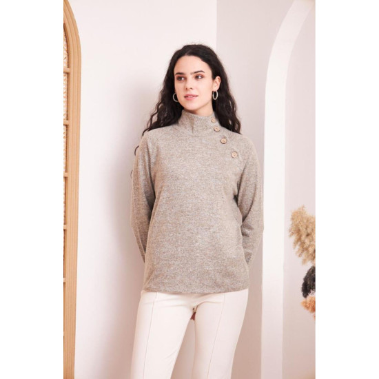 Pasaklı Giyim Kadın Balıkçı Yaka Düğmeli Yumoş Yün Kazak Pudra