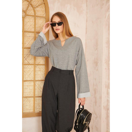 Pasaklı Giyim Kadın Duble Kol / Yakası Yırtmaçlı Salaş Sweatshirt Gri