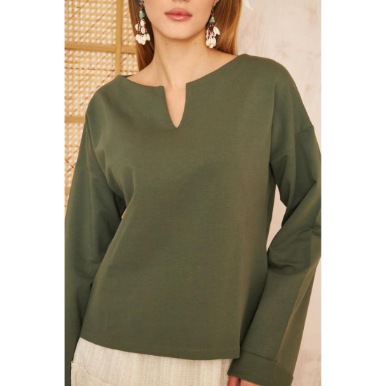 Pasaklı Giyim Kadın Duble Kol / Yakası Yırtmaçlı Salaş Sweatshirt Haki