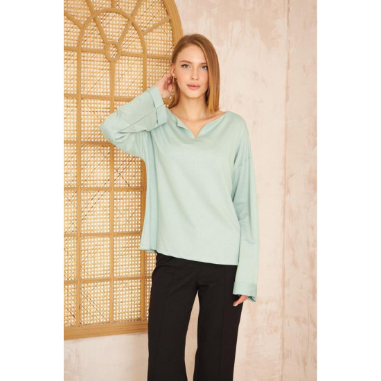 Pasaklı Giyim Kadın Duble Kol / Yakası Yırtmaçlı Salaş Sweatshirt Mint