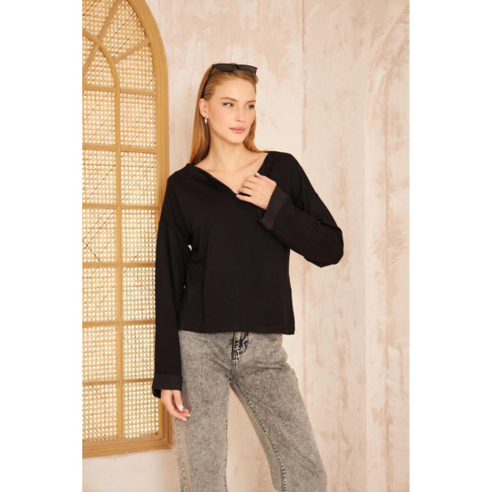 Pasaklı Giyim Kadın Duble Kol / Yakası Yırtmaçlı Salaş Sweatshirt Siyah