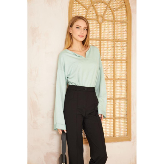 Pasaklı Giyim Kadın Duble Kol / Yakası Yırtmaçlı Salaş Sweatshirt Mint