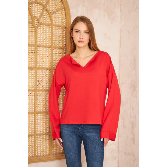 Pasaklı Giyim Kadın Duble Kol / Yakası Yırtmaçlı Salaş Sweatshirt Kırmızı