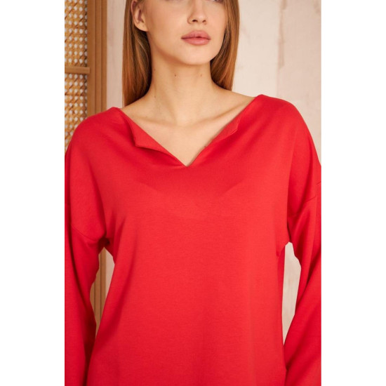 Pasaklı Giyim Kadın Duble Kol / Yakası Yırtmaçlı Salaş Sweatshirt Kırmızı