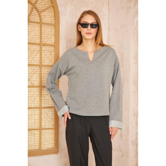 Pasaklı Giyim Kadın Duble Kol / Yakası Yırtmaçlı Salaş Sweatshirt Gri