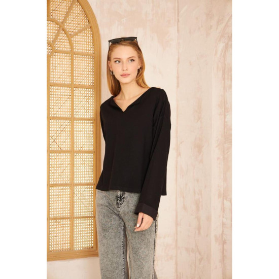 Pasaklı Giyim Kadın Duble Kol / Yakası Yırtmaçlı Salaş Sweatshirt Siyah