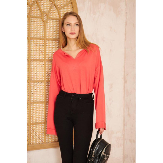 Pasaklı Giyim Kadın Duble Kol / Yakası Yırtmaçlı Salaş Sweatshirt Mercan