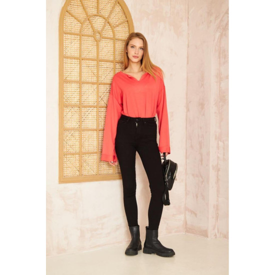 Pasaklı Giyim Kadın Duble Kol / Yakası Yırtmaçlı Salaş Sweatshirt Mercan