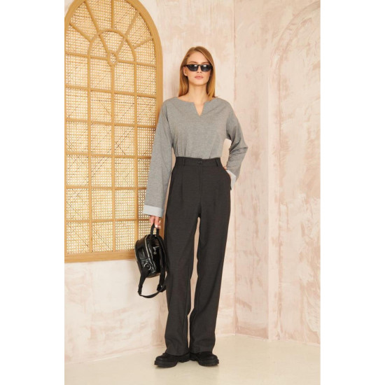 Pasaklı Giyim Kadın Duble Kol / Yakası Yırtmaçlı Salaş Sweatshirt Gri