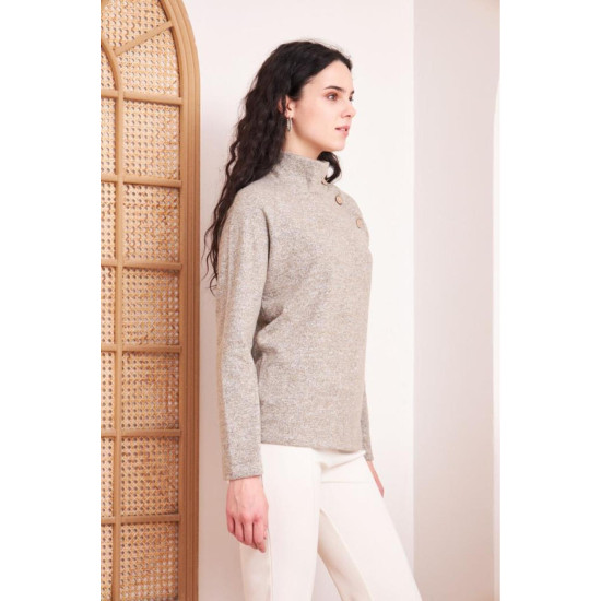 Pasaklı Giyim Kadın Balıkçı Yaka Düğmeli Yumoş Yün Kazak Pudra