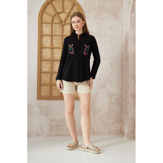 Pasaklı Giyim Kadın Premium Keten Harf Nakış Işlemeli Yanları Düğme Arkası Oval Gömlek Siyah