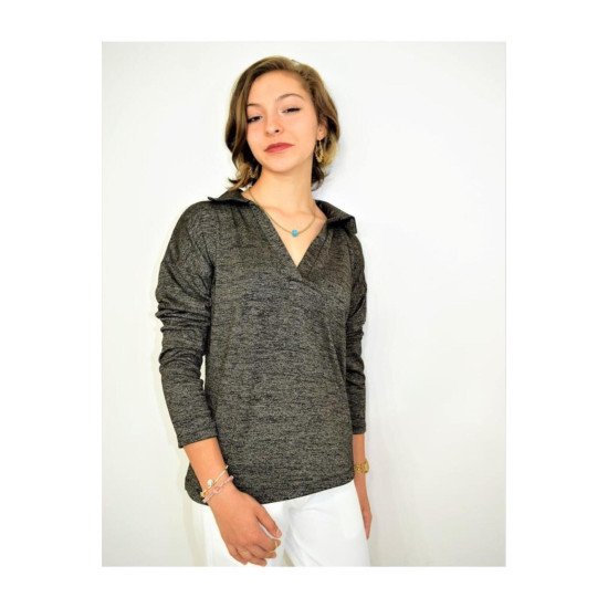 Pasaklı Giyim Kadın Polo Yaka Keten Bluz Antrasit