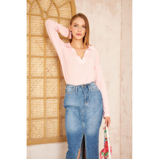 Pasaklı Giyim Kadın Polo Yaka Keten Bluz Pudra