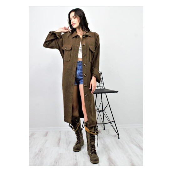 Pasaklı Giyim Kaşe Uzun Oduncu Tunik Elbise Kahverengi